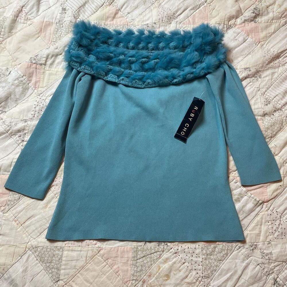 ruby cho vintage y2k blue off the shoulder top with braided fur trim nwt small
